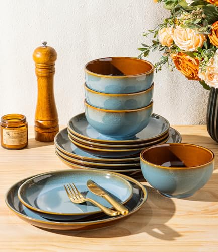 LERATIO Ceramic Dinnerware Sets for 4,12Pcs Stoneware Plates and Bowls Set | Handmade Reactive Glaze Ceramic Dishes Set,Oven & Microwave,Dishwasher Safe,Scratch Resistant-Ocean Blue - color: Ocean Blue, size: Service for 4-12pcs