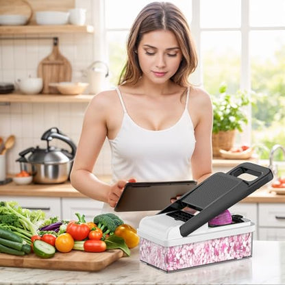 12-in-1 Vegetable Chopper 7 Blades, Veggie Cutter with Handle, Black/White | Stainless Steel Blades, Food Container and Lid, Dicer, Slicer, Julienne, Egg Separator, Non-slip Base, Include Cleaning Tools - color: Black, size: 7 blades