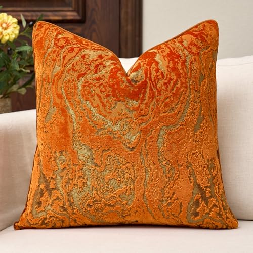 Throw Pillow Cover 20x20, Orange Velvet Pillow Cover for Modern Decor | Neutral Patterned Decorative Accent for Couch Sofa Living Room Bedroom, Square Jacquard Cushion Cover with Luxury and Visual - color: Orange, size: 20" x 20" (Pack of 1)