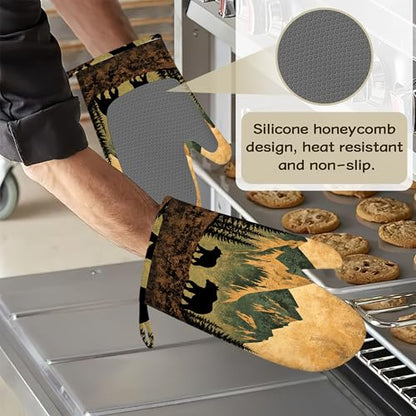 Retro Bear Mountain Oven Mitts and Pot Holders Sets of 4, Heat Resistant Silicone Oven Mitts Gloves Non-Slip Kitchen Mittens Potholders for Cooking Baking Grilling BBQ - color: Retro Bear Mountain