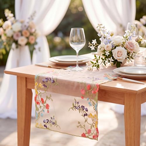 Embroidered Lace Table Runner Spring Summer Floral Tulle Trim Table Runner Flowery for Easter Home Kitchen Dining Wedding Party Indoor Decoration(13 x 60 Inch) - size: 13 x 60 inches
