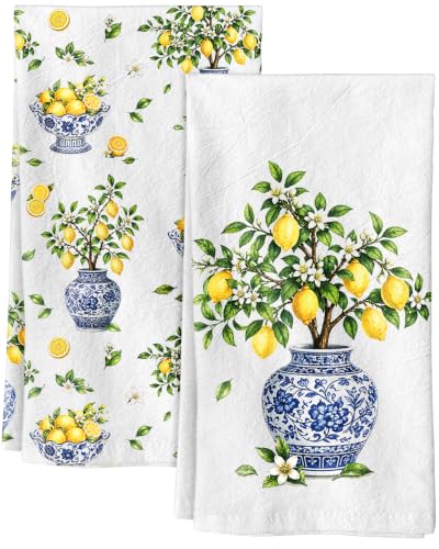 Flour Sack Kitchen Towels Set of 2, 18x26 Inch, Lemon Vase | 150GSM Cotton, Lint-Free, Quick Dry, Hanging Loop, Lightweight Tea Towels, French Home Decor, Chinoiserie, Housewarming Gift - color: Lemon Vase