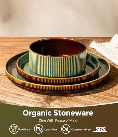 GBHOME Stoneware Dinnerware Sets for 4, 12 Pieces Plates and Bowls Set | Lightweight Ceramic Ribbed Dishes,Reactive Glaze Stackable Plate Set,Scratch Resistant,Microwave Dishwasher Safe,Maroon Olive - color: Maroon Olive