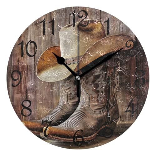 Cowboy Hat Boots Round Wall Clock Silent Non Ticking Bathroom Clocks 10 Inch Battery Operated Clock for Kitchen Living Room Bedroom Home Decor - color: B004