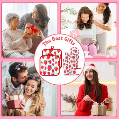 4 Pcs Oven Mitts and Pot Holders Cute Strawberry Oven Gloves and Pot Holders Non Slip Heat Resistant Ovens Mitts for Cooking Baking Accessories Fruit Themed Kitchen Linens, 6"x12"