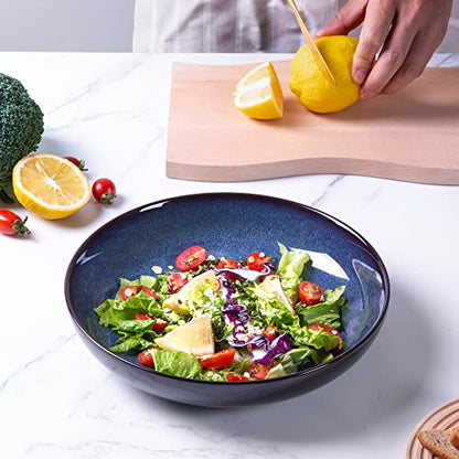 LERATIO 9.0" Ceramic Pasta Bowls Set of 6,38oz Large Stoneware Bowls Set | Reactive Glaze Serving Bowls Set,Wide Bowl for Pasta,Salad,Fruit & Noodles,Housewarming & Wedding Gift - color: Blue, size: Set of 6