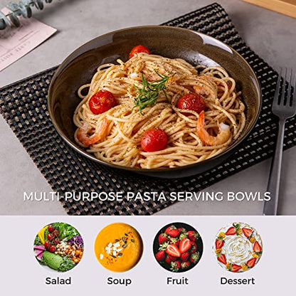 LERATIO 9.0" Ceramic Pasta Bowls Set of 4,38oz Large Stoneware Bowls Set | Reactive Glaze Serving Bowls Set,Wide Bowl for Pasta,Salad,Fruit & Noodles,Housewarming & Wedding Gift-Chestnut - color: Coffee, size: Set of 4