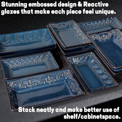 Salad Plates Set of 4, 9.85" Embossed Ceramic Rectangular Appetizer Plates, Deep Lipped Edges, Microwave & Dishwasher Safe, Dessert Sushi Pasta Serving Plates (Blue, Willow Leaf) - color: Blue (Willow Leaf), size: 9.85 inch