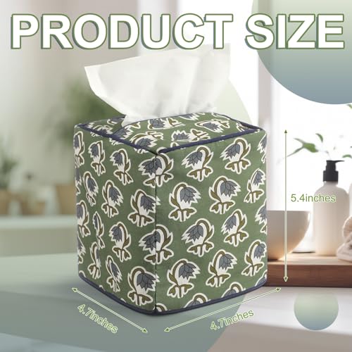 Green Fabric Tissue Box Cover - Floral Print Tissue Box & Decorative Square Napkin Holder Handmade Cotton for Home Bedroom Vanity Countertop Night Stands Office - style: Green