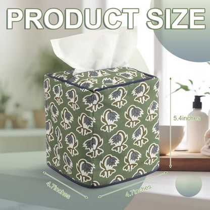 Green Fabric Tissue Box Cover - Floral Print Tissue Box & Decorative Square Napkin Holder Handmade Cotton for Home Bedroom Vanity Countertop Night Stands Office - style: Green