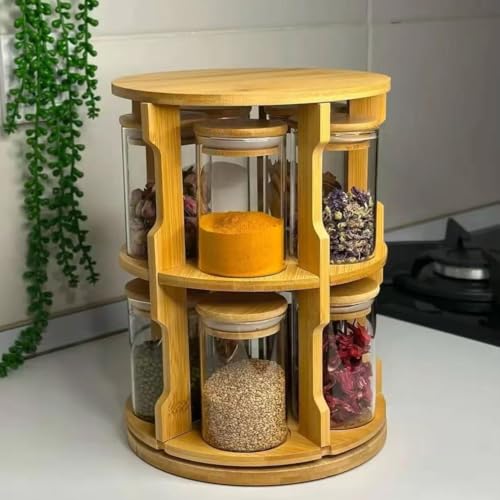 Bamboo Rotating Spice Rack, Herb Organizer with 10 Glass Spice Jars, 360° Lazy Susan Countertop Spice Rack, Kitchen Seasoning Organizer