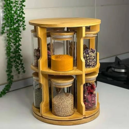 Bamboo Rotating Spice Rack, Herb Organizer with 10 Glass Spice Jars, 360° Lazy Susan Countertop Spice Rack, Kitchen Seasoning Organizer