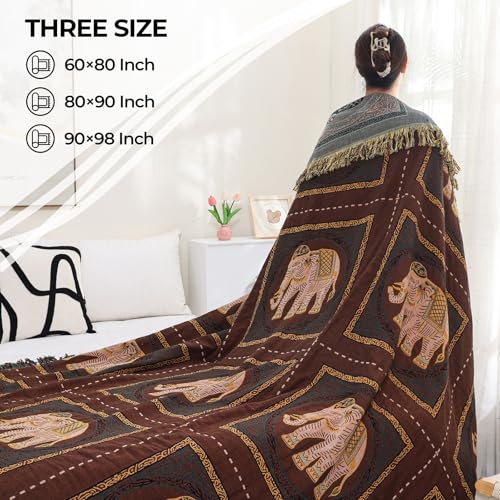 Elephant Pattern Boho Throw Blanket for Bed Couch 60"×80" Brown | 4-Layer Gauze Breathable Reversible Muslin Blanket,Soft Lightweight All Season Quilt with Fringe,Multi-purpose Blanket - color: Brown Elephant, size: 60''x80''