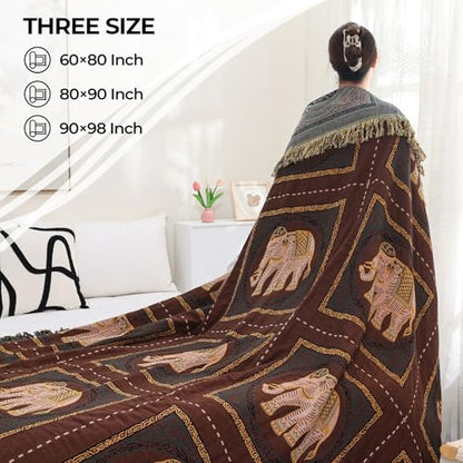 Elephant Pattern Boho Throw Blanket for Bed Couch 60"×80" Brown | 4-Layer Gauze Breathable Reversible Muslin Blanket,Soft Lightweight All Season Quilt with Fringe,Multi-purpose Blanket - color: Brown Elephant, size: 60''x80''