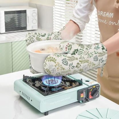 Wildflowers Herbs and Leaves Oven Mitts and Pot Holders Sets Silicone Beige Floral Kitchen Oven Mitts Hot Pads Heat Resistant Potholders Kitchen Mitts Set for Baking BBQ Cooking - color: Beige
