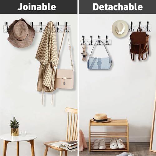 Kuhome 32.2'' Large Coat Rack Wall Mount Coat Hooks with 8 Metal Black Triple-Hooks Old White Pine Real Wood Plank Hat Rack for Wall Hooks - color: Old White Plate & Black Hook, size: 1 Item-8 Hooks