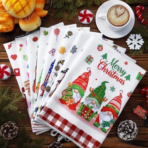 Fourluoo 8 Pcs Gnomes Seasonal Kitchen Towels, Holiday Hand Dish Towels Set Decorative Tea Cloths for Spring 4th in July Christmas Home Kitchen Bathroom Decor, 16 x 24 Inch - style: Gnomes