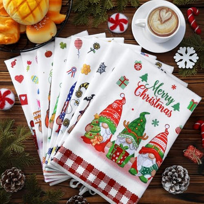 Fourluoo 8 Pcs Gnomes Seasonal Kitchen Towels, Holiday Hand Dish Towels Set Decorative Tea Cloths for Spring 4th in July Christmas Home Kitchen Bathroom Decor, 16 x 24 Inch - style: Gnomes