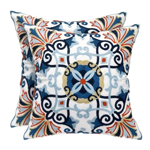 Alysheer Embroidered Fall Decorative Throw Pillow Cover 18"x 18" Set of 2, Boho Navy Blue Floral Embroidery Patterned Cotton Cushion Case for Sofa Couch Living Room Bedroom Outdoor - color: Floral- Navy Orange, size: 18" x 18" (Pack of 2)