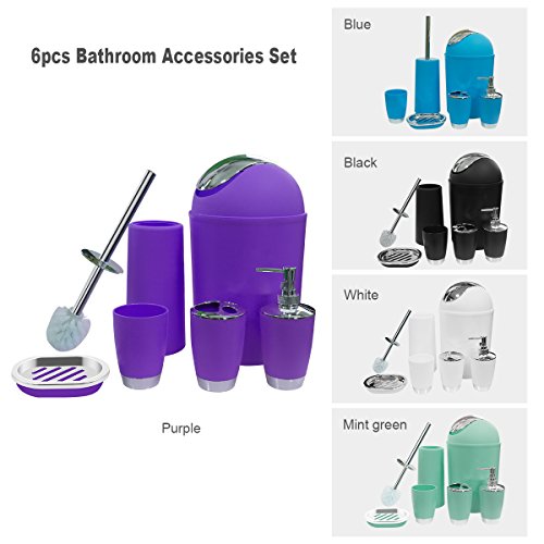 Bathroom Accessories Set, 6-Piece Plastic Gift Set, Toothbrush Holder, Toothbrush Cup, Soap Dispenser, Soap Dish, Toilet Brush Holder, Trash Can (Purple) - color: Purple