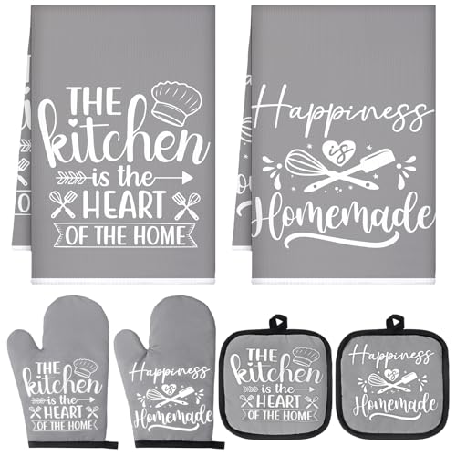 Sratte 6 Pcs Kitchen Decor Accessories Set Farmhouse Towels Pot Holders Oven Mitts Set 2 Dish Towels 2 Potholders 2 Cooking Mittens Oven Glove for Christmas Baking Cooking Supply(Gray,Kitchen) - color: Gray, style: Kitchen