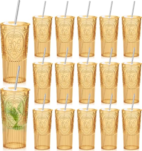 16 Set 20oz Vintage Plastic Tumbler with Lids and Straws Ribbed Floral Drinking Glasses Reusable Iced Coffee Cups for Water Juice Smoothie Cocktail Travel Party Events Gift (Amber) - color: Amber