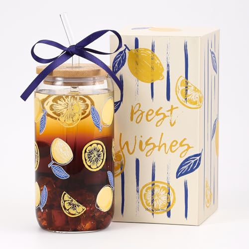 Lemon Glass Cups with Lid and Straw, Cute Lemon Gift for Women | Iced Coffee Tumbler Mug for Birthday Bridal Shower Wedding Summer Party Gift for Women Mom Friends Teen Girls Stuff 16oz - style: Lemon