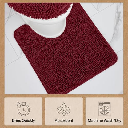 GORILLA GRIP Bathroom Rug Sets 3 Piece, Bath Mat Set and Oval Toilet Base with Rubber Backing, Plush Absorbent Shaggy Chenille Washable Mats, Includes 24x19.5, 24x17 and 30x20 Inch Rugs, Burgundy - color: Burgundy, style: 24"x19.5" + 24"x17" + 30"x20" - 3