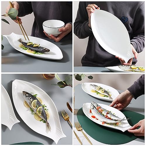 Hemoton Ceramic Fish Platter Oval Fish Plate White Oval Steamed Plate Food Serving Tray for Home Hotel Restaurant Shaped 18inch - size: 45.50X22.00X3.00CM