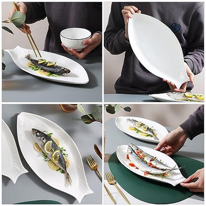 Hemoton Ceramic Fish Platter Oval Fish Plate White Oval Steamed Plate Food Serving Tray for Home Hotel Restaurant Shaped 18inch - size: 45.50X22.00X3.00CM