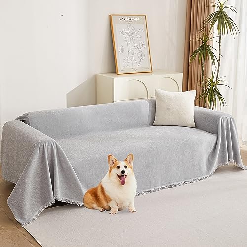 MYSKY HOME Chenille Sofa Cover for Dogs Cats Light Gery Couch Cover with Tassel Edge Farmhouse Furniture Protectors for Pets Thick Durable Sectional Couch Covers for 2 Cushion Couch, 71"x 102" - color: Tassels Edge-light Grey, size: 71" x 102"