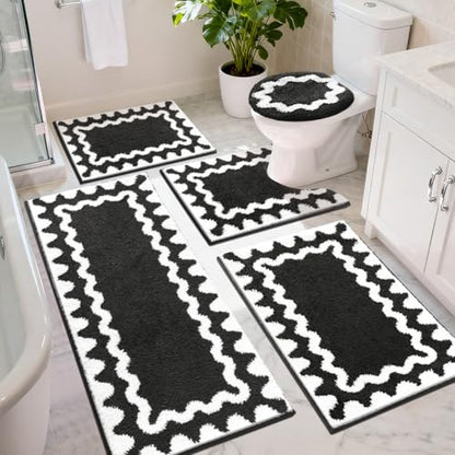 Findosom Bathroom Rugs Sets 5 Piece, Absorbent Soft Non-Slip Bath Rug Set | Washable Microfiber Shaggy Bath Mat Set with Bathroom Runner Rug, U-Shaped Toilet Rugs, Shower Rug & Toilet Lid Cover, Black - color: Black & White, size: 18"x26"+20"x32"+20"x48"+