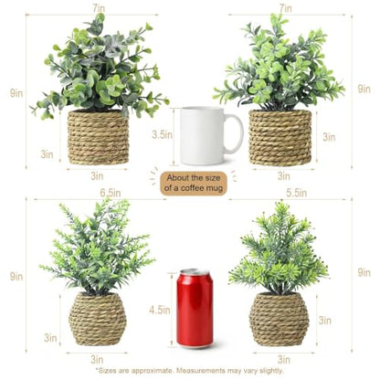 Small Fake Plants, 4 Pack Artificial Plants in Handwoven Seagrass Baskets | Natural Woven Texture, 4 Unique Plant Designs, Shelf, Desk & Table Decor, Realistic Faux Greenery, Farmhouse & Boho Decor
