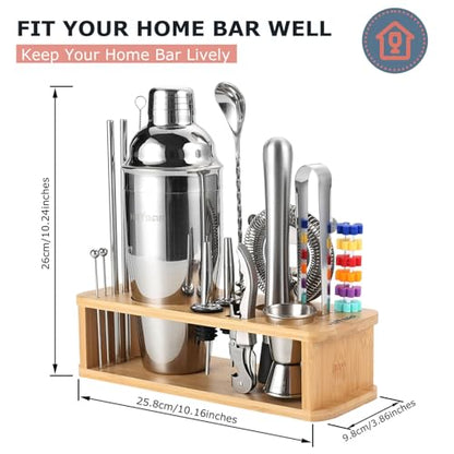 HMYBAR® 22-Piece Cocktail Shaker Set, Mixology Bartender Kit with 24oz Cobbler Shaker, Home Bar Tool Set with Natural Bamboo Stand, 39 Recipe Cards, Glass Markers, Gift for Men & Dad - color: Natural