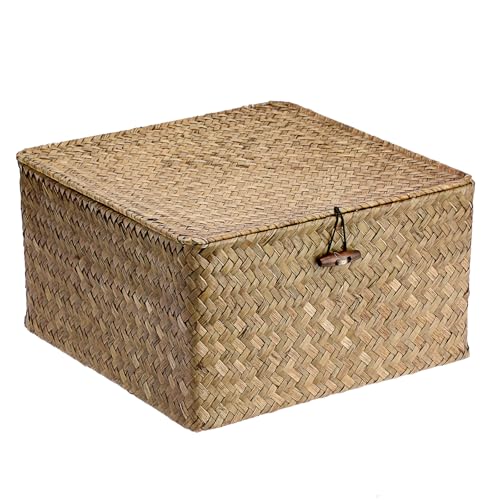 Hipiwe Handwoven Storage Box with Lid Seagrass Wicker Shelf Basket Bin Household Organizer for Bookshelf Living Room Bath Room, Coffee, X-Large - color: Coffee, size: X-Large