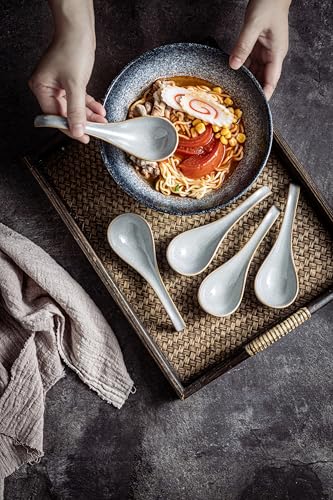 LYEOBOH Ceramic Asian Soup Spoons Set of 6, Ramen Spoons with Long Handle | Japanese Ramen Spoons with Deep Hook Design for Miso Rice, Chinese Soup Spoons for Kitchen, Dishwasher Microwave Safe, Gray - color: Gray