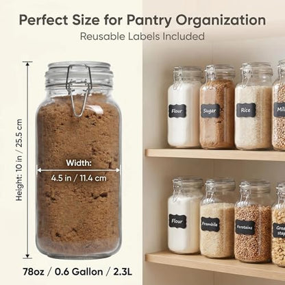 78oz Large Square Airtight Glass Jars with Lids, Wide Mouth Food Storage Canisters, Hold 4lb Sugar or 5lb Rice, Heavy Duty Pantry Containers for Flour, Coffee, Bulk Storage - size: 78 fl oz x 3 - Square