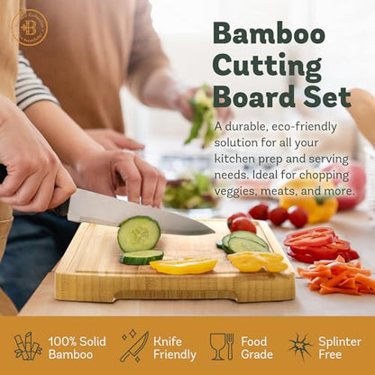Bamboo Cutting Boards for Kitchen, Non Toxic Wooden Chopping Board Meat Set | Deep Juice Groove, Knife-Friendly, Reversible Butcher Block, Side Handles, Serving, Food Prep, Vegetable, Fruit, Meat, Cheese - size: 3-Piece