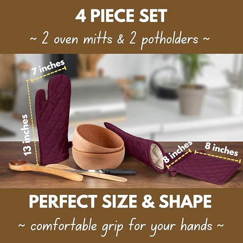 Native Fab 4 Piece Set - 2 Oven Mitts & 2 Potholders, Heat Resistant, 100% Cotton, Quilted Design, Non-Slip Grip, Machine Washable, Ideal for Baking, Cooking, BBQ, Kitchen Protection - Burgundy Wine - color: Burgundy Wine