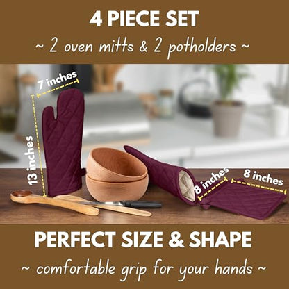 Native Fab 4 Piece Set - 2 Oven Mitts & 2 Potholders, Heat Resistant, 100% Cotton, Quilted Design, Non-Slip Grip, Machine Washable, Ideal for Baking, Cooking, BBQ, Kitchen Protection - Burgundy Wine - color: Burgundy Wine