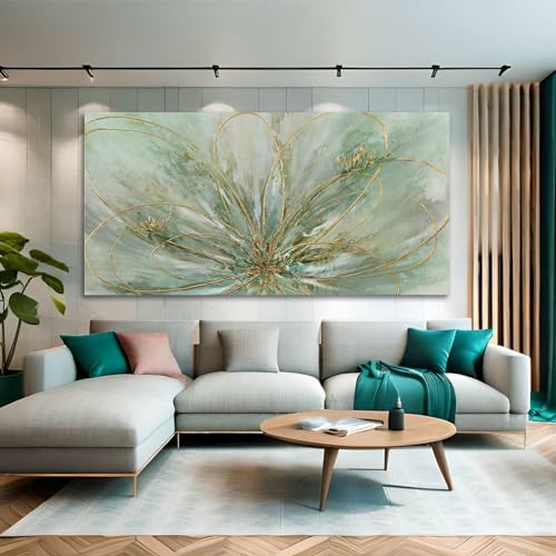YJYart Abstract Wall Art Green and Gold Hand Painted Oil Painting Blossom Botanical Large Picture for Living Room Bedroom Kitchen Office 30x60 Inch - color: Green, size: 58"L x 29"W
