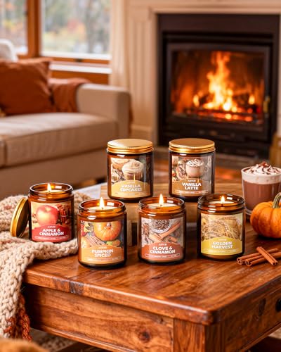 AOOVOO Fall Candles Set - 6 Pack Candles for Home Scented, 42 oz Natural Soy Wax 300 Hour Long Lasting, Fall Fragrance of Pumpkin/Apple Cinnamon/Clove/Vanilla Cupcake/Latte Cupcake/Wheat Vanilla - color: Fall Candles, size: Pack of 6