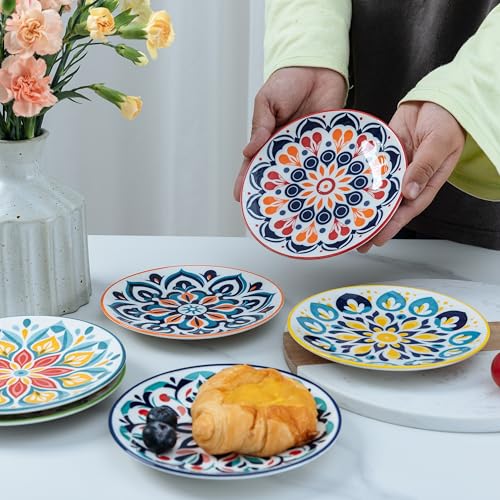 LEHAHA Porcelain Appetizer Plates Set of 6, 6 Inch Small Ceramic Dessert Plates, 6-Piece Floral Round Plates for Salad, Appetizer, Snack, Microwave & Dishwasher Safe - color: Talavera
