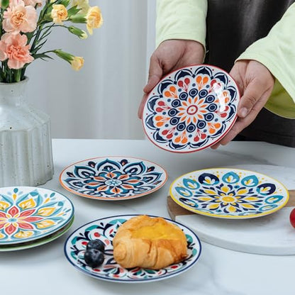 LEHAHA Porcelain Appetizer Plates Set of 6, 6 Inch Small Ceramic Dessert Plates, 6-Piece Floral Round Plates for Salad, Appetizer, Snack, Microwave & Dishwasher Safe - color: Talavera