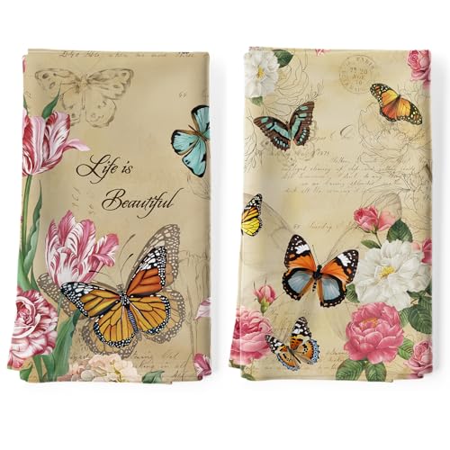 Vintage Butterfly Tea Towels, 100% Cotton Kitchen Towels, Set of 2 | 18.9 x 27.5 in / 48 x 70 cm, Lightweight Woven Dish Cloth with Vintage Butterfly Print for Kitchen Decor, Housewarming Gift - color: Butterfly