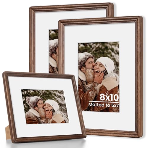 8x10 Natural Solid Oak Wood Picture Frame with 5x7 Mat, Premium Rustic Wooden Photo Frames with Plexiglass, Poster Photo Frame Suitable for Gallery Wall Mount or Tabletop, Walnut, 3 Packs - color: Walnut, size: 8x10-3P
