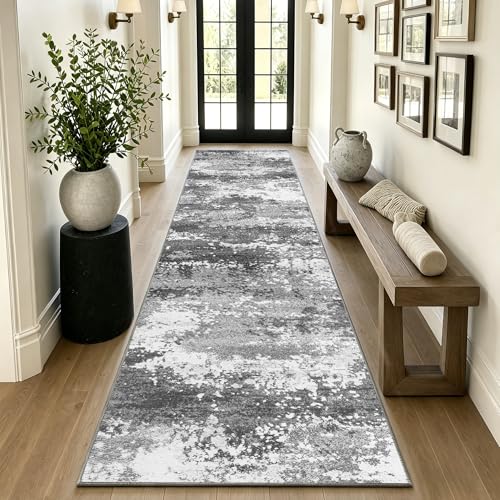 12 FT Extra Long Runner Rug for Hallway Washable, 2.6x12 Large Kitchen Floor Runners Non Slip, Entryway Runner Carpet Low Pile Stain & Fade Resistant, Abstract Gray - color: Grey, size: 2'8" X 12' (Runner)