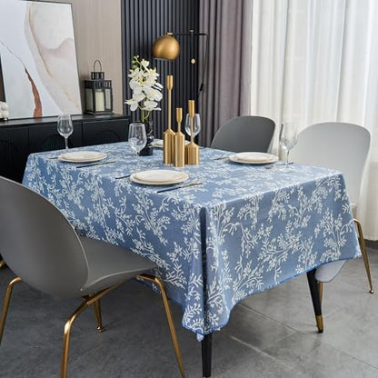 Pioggia Vinyl Tablecloth with Flannel Backing - Waterproof, Oil-Proof, Easy to Clean -Plastic Table Cloth - Perfect for Dining Tables, Kitchen Tables, Parties (Blue Leaves, 60×84 Inch Rectangular) - color: Blue Leaves, size: 84" x 60" (Rectangular)