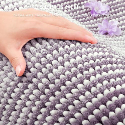 Bathroom Rugs Sets 3 Piece, Toilet Rugs U-Shaped Contour Bath Mat Set, Long Striped Absorbent Non Slip Chenille Shower Mat, Lavender Purple - color: Lavender Purple, size: 20"x47"+16"x24"+ U Shape 20"x24"
