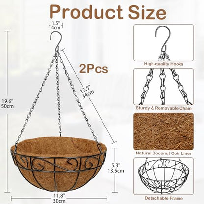 2 Pack 12 inch Metal Hanging Baskets for Plants, Round Metal Wire Hanging Basket Planter with Coco Fiber Liners Chain for Garden Home Porch Patio, Flower Border - size: 12" x 2 Pack, style: Flower Border